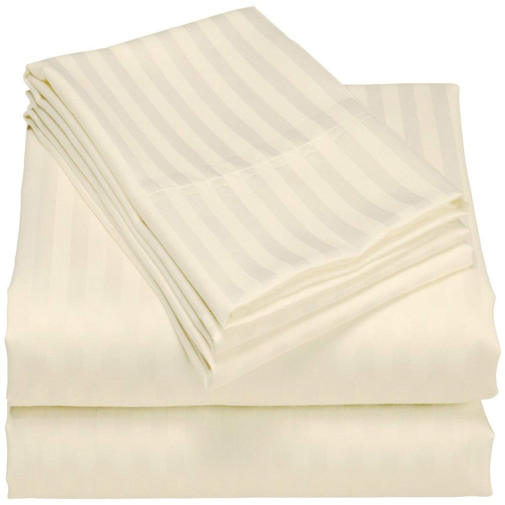 HR Luxury Linen Cotton Bedsheets Set - 400 Thread Count 100% Egyptian Cotton 4-Piece Sheet Set 18 Inch Deep Pocket Stripe (Queen, Ivory)