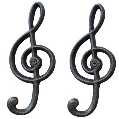 Hdtyyln 2 Pack Decorative Wall Hook, Music Note Wall Hooks, Black Cast Iron Single Hook for Home Kitchen Outdoor Garden Hanging Clothes Caps Bags Coats Daily Tools Planter, 6.3"X2.75"