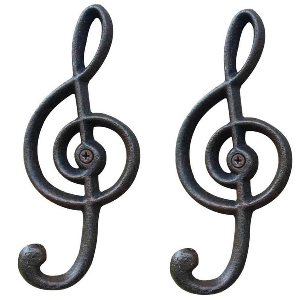 Hdtyyln 2 Pack Decorative Wall Hook, Music Note Wall Hooks, Black Cast Iron Single Hook for Home Kitchen Outdoor Garden Hanging Clothes Caps Bags Coats Daily Tools Planter, 6.3"X2.75"