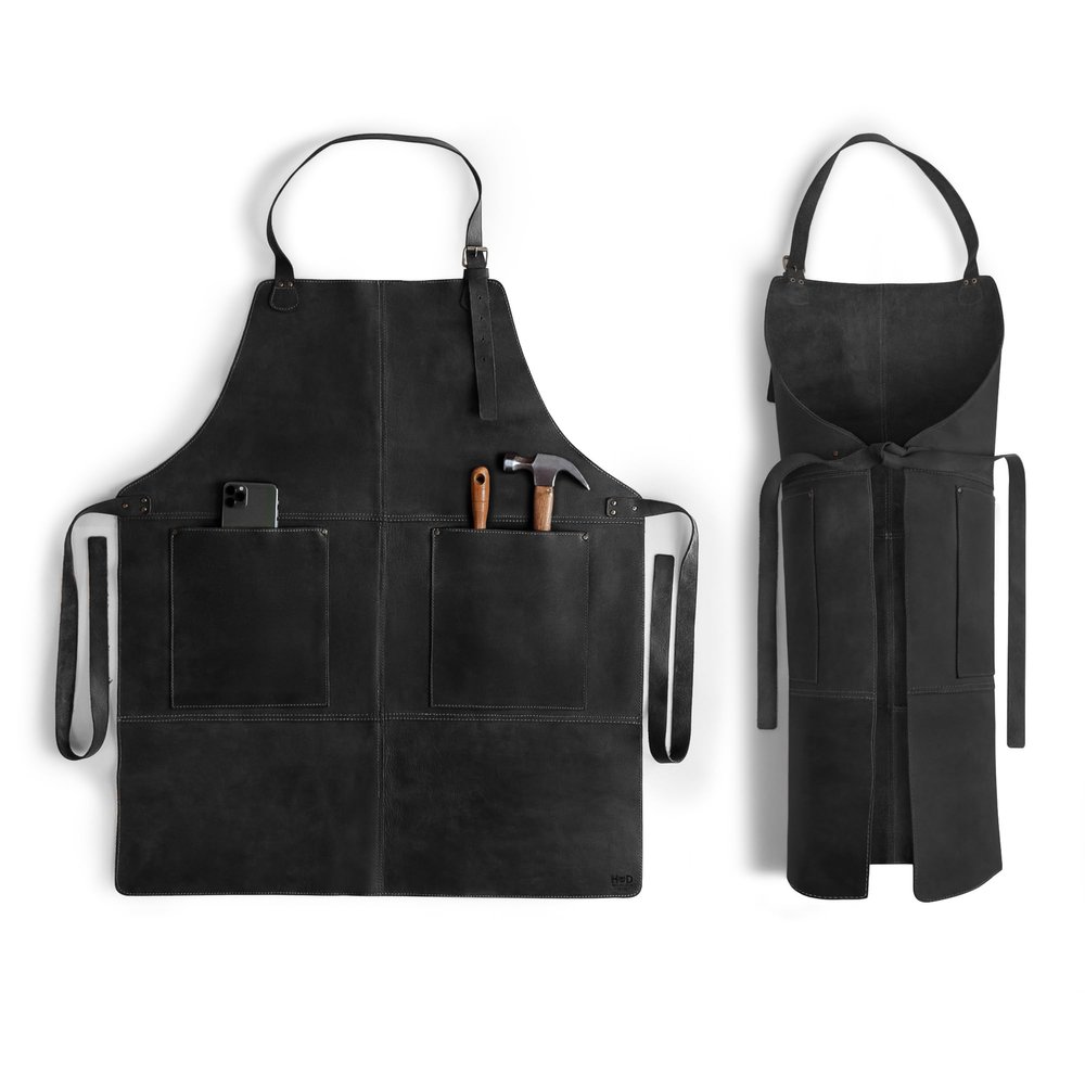 Hide & Drink, Rustic Apron with Large Pockets and Adjustable Straps, Full Grain Leather, Handmade, Charcoal Black