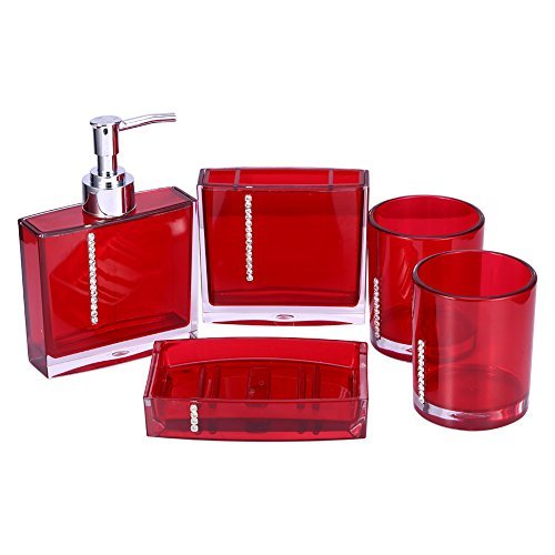 Bathroom Accessories Set, 5-Piece Plastic Gift Set, Toothbrush Holder, Toothbrush Cup, Soap Dispenser, Soap Dish, Toilet Brush Holder, Trash Can