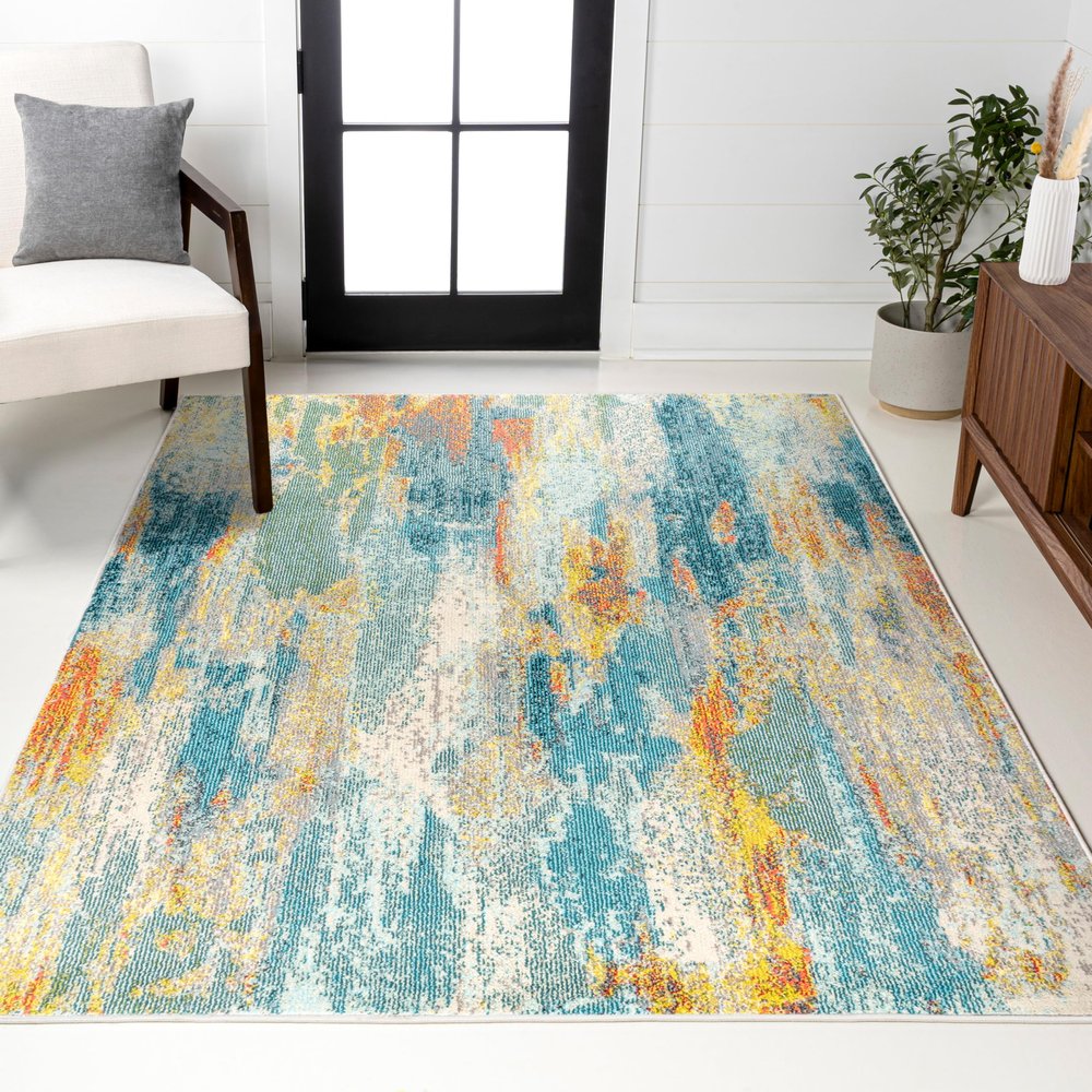 JONATHAN Y Modern Abstract Vintage Waterfall Blue/Cream/Yellow Indoor Area Rug, 5x8, Contemporary POP, Easy-Cleaning for Living Room, Bedroom, Kitchen, Pet Friendly, Non-Shedding (CTP106B-5)