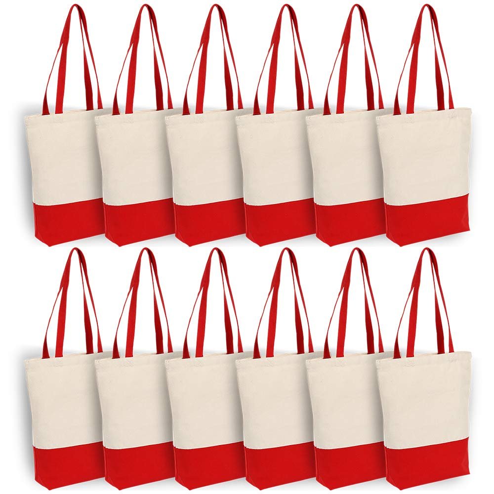 Azuca Heavy Duty 12 oz Cotton Canvas Bag with Bottom Gusset Grocery Beach Shopping Bag 17x14x4 Inches (Red - 12 Pack)