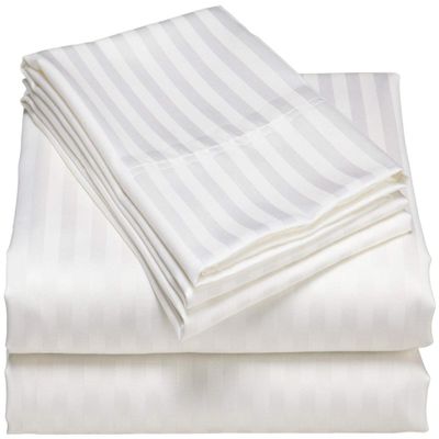 HR Luxury Linen Cotton Bedsheets Set - 400 Thread Count 100% Egyptian Cotton 4-Piece Sheet Set 18 Inch Deep Pocket Stripe (Queen, White)