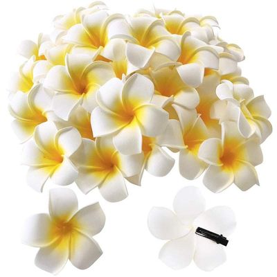 50Pcs 2.5" White Foam Hawaiian Frangipani Artificial Plumeria Flower Hat Hair Clips for Home Bridal Wedding Tropical Party Beach Vacation Decoration
