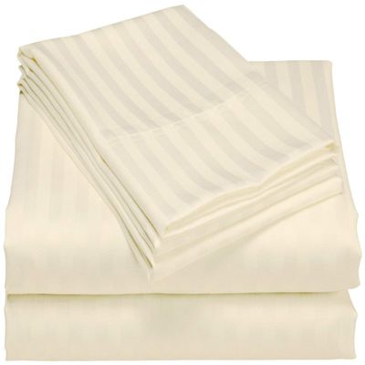 HR Luxury Linen Cotton Bedsheets Set - 400 Thread Count 100% Egyptian Cotton 4-Piece Sheet Set 15 Inch Deep Pocket Stripe (Queen, Ivory)