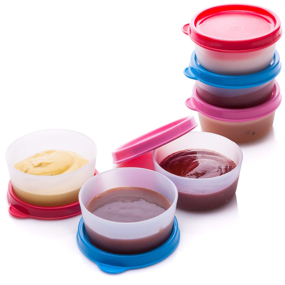 SIGNORA WARE Condiment Containers with Lids- 6 pk. 2.3 oz.Salad Dressing to go Small Food Storage Containers- Sauce Cups Leak proof Reusable Plastic BPA free for Lunch Box Picnic Travel
