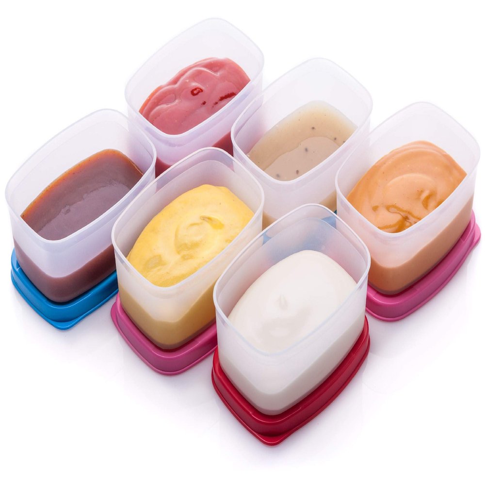 SIGNORA WARE Condiment Containers with Lids- 6 pk. 3 oz.Salad Dressing to go Small Food Storage Containers- Sauce Cups Leak proof Reusable Plastic BPA free for Lunch Box Picnic Travel