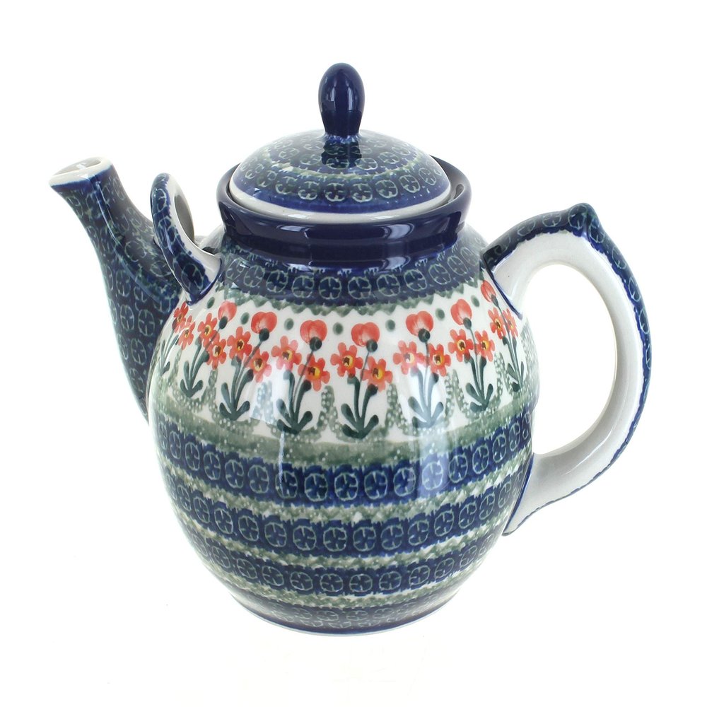 Blue Rose Polish Pottery - Orange Peach Posy Large Teapot - 7 Cup Capacity - Hand-Painted Polish Pottery Ceramic Coffee & Tea Server