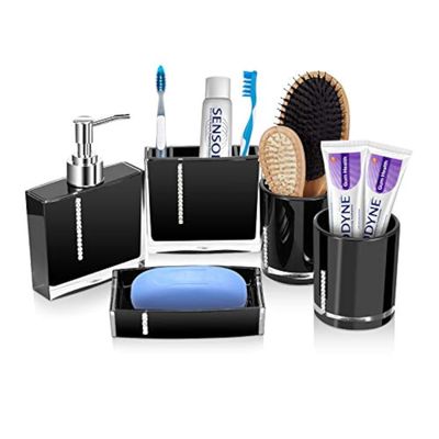 5 Pcs Bathroom Accessories Set, Bathroom Dispenser Set Contain Emulsion Bottle, Tooth Brush Holder, Dish, 2pcs Gargle Cup (Black)