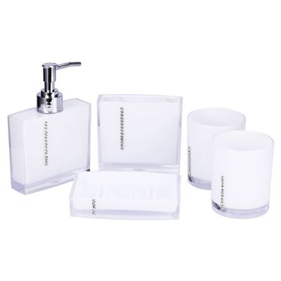 5 Piece Bathroom Accessories Set Includes Includes Emulsion bottle, Toothbrush Holder, 2 Gargle cup, Soap Dish, Plastic Gifts Bath Set, White