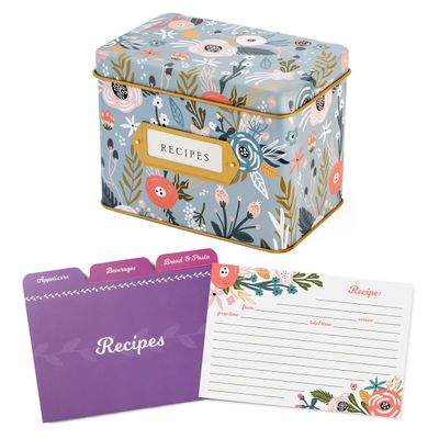 Jot & Mark Recipe Card Gift Box, Mother's Day 25 4x6 inch Cards Gifts, 14 Dividers, Decorative Tin Box - Recipe Tin