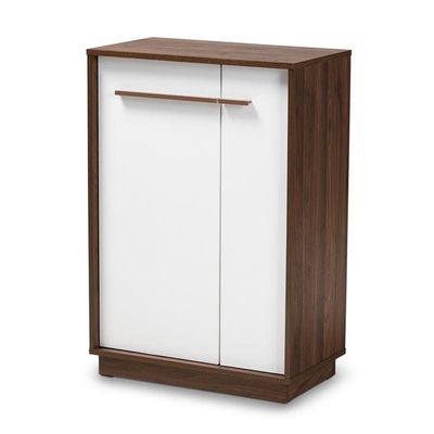 Baxton Studio Mid-Century Mette Wood Shoe Cabinet in White and Walnut
