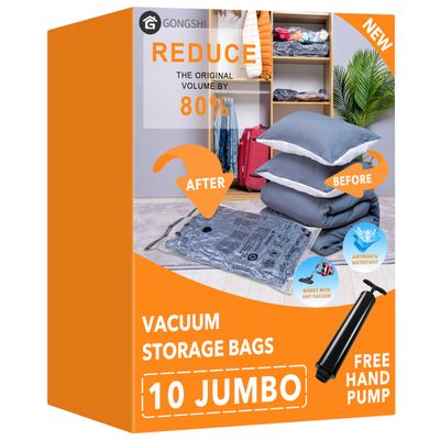 GONGSHI Vacuum Storage Bags, Space Saver Seal Bags For Clothing, Travel Luggage,Blankets, Comforters, Pillows, Clothes Storage.10 Jumbo