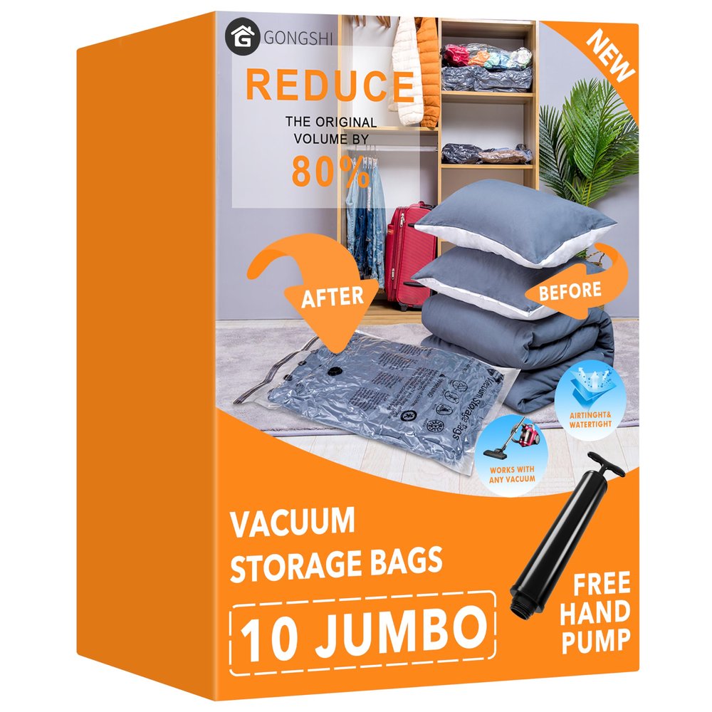 GONGSHI Vacuum Storage Bags, Space Saver Seal Bags For Clothing, Travel Luggage,Blankets, Comforters, Pillows, Clothes Storage.10 Jumbo