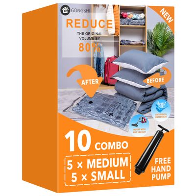 GONGSHI Vacuum Storage Bags, Space Saver Seal Bags For Clothing, Travel Luggage,Blankets, Comforters, Pillows, Clothes Storage.5 Medium 5 Small