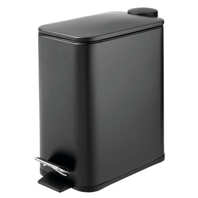 mDesign Slim Metal Rectangle 1.3 Gallon/5 Liter Trash Can with Step Pedal, Easy-Close Lid, Removable Liner - Narrow Wastebasket Garbage Container Bin for Bathroom, Bedroom, Kitchen - Black