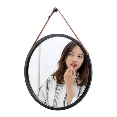 Round Decorative Vanity Mirror Portable Bevelled Shaving Wall Mirror with Hanging Chain Elegant Leather Strap for Bathroom Living Room Bedroom Black