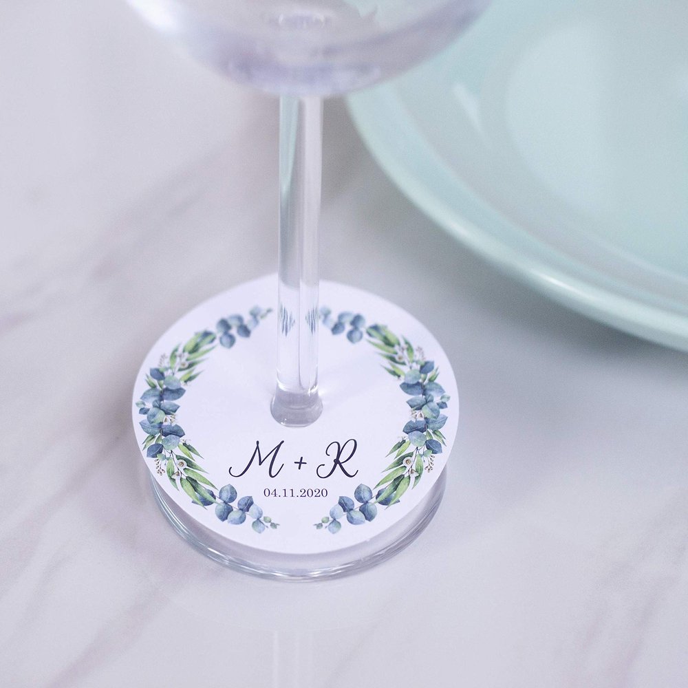 Wedding Wine Glass Tags, Champagne Glass Tags, Personalized Wine Stem Tag, Wine Glass Stem Cardstock Circles (WG-301-012a)