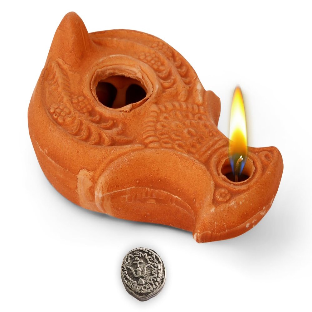 Christian & Jewish Holy Land Oil Lamp with Widows Mite Coin Unique Handmade Gift of Faith