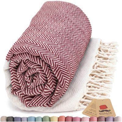 Bazaar Anatolia Turkish Beach Towel 100% Cotton Bath Towels 71x39 Quick Dry Sand Free Lightweight Large Oversized Herringbone Maroon