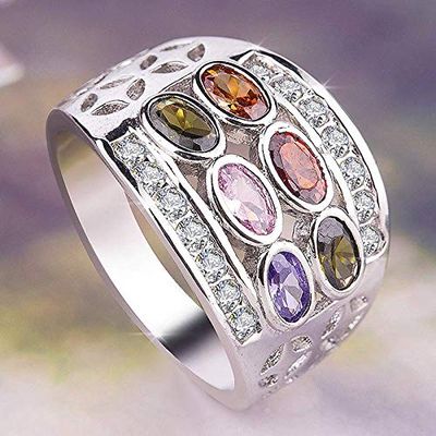 Bansriracha Rainbow Oval Ring Boho 925 Silver CZ Stone Finger Ring Vintage Party Wedding Rings for Women (8)