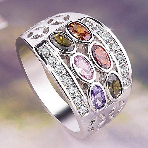 Bansriracha Rainbow Oval Ring Boho 925 Silver CZ Stone Finger Ring Vintage Party Wedding Rings for Women (8)