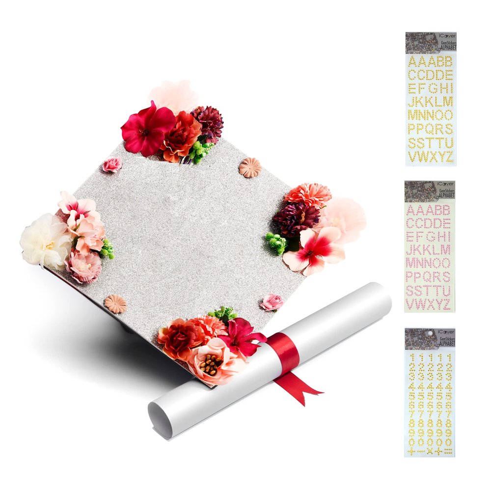 GRADWYSE DIY Graduation Cap Decorations Kit, Graduation Cap Topper with Flowers, Class of 2025 Silver Glitter Grad Cap Topper, Self Adhesive Pearls Alphabet Letter Number Stickers (Blank-Silver)