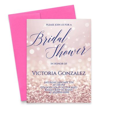 Modern Pink Paper Rose Gold Bridal Shower Invitations with Envelopes, Elegant Bridal Shower Invites Printed Glitter Effect, Your choice of Quantity and Envelope Color