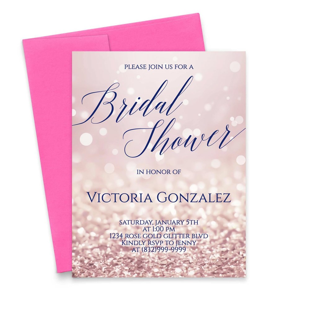Modern Pink Paper Rose Gold Bridal Shower Invitations with Envelopes, Elegant Bridal Shower Invites Printed Glitter Effect, Your choice of Quantity and Envelope Color