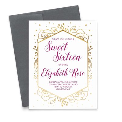 Burgundy and Gold Sweet 16 Invitations with Envelopes, Personalized Sweet 16 Invites, Gold Florals 16th Birthday Invitations for Girls, Your choice of Quantity, Info and Envelope Color
