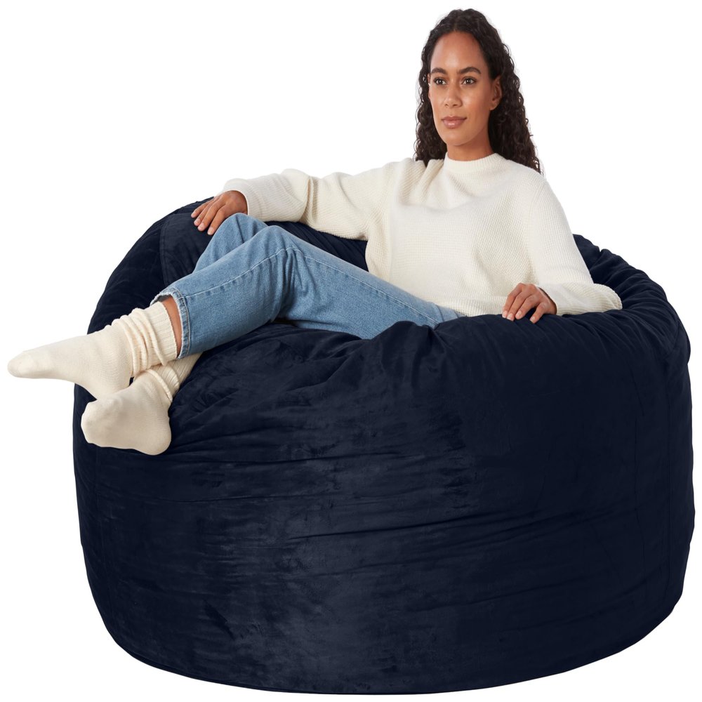 Amazon Basics Large Bean Bag Chairs for Adults, 5 ft Blue Memory Foam Filled with Solid Microfiber Cover