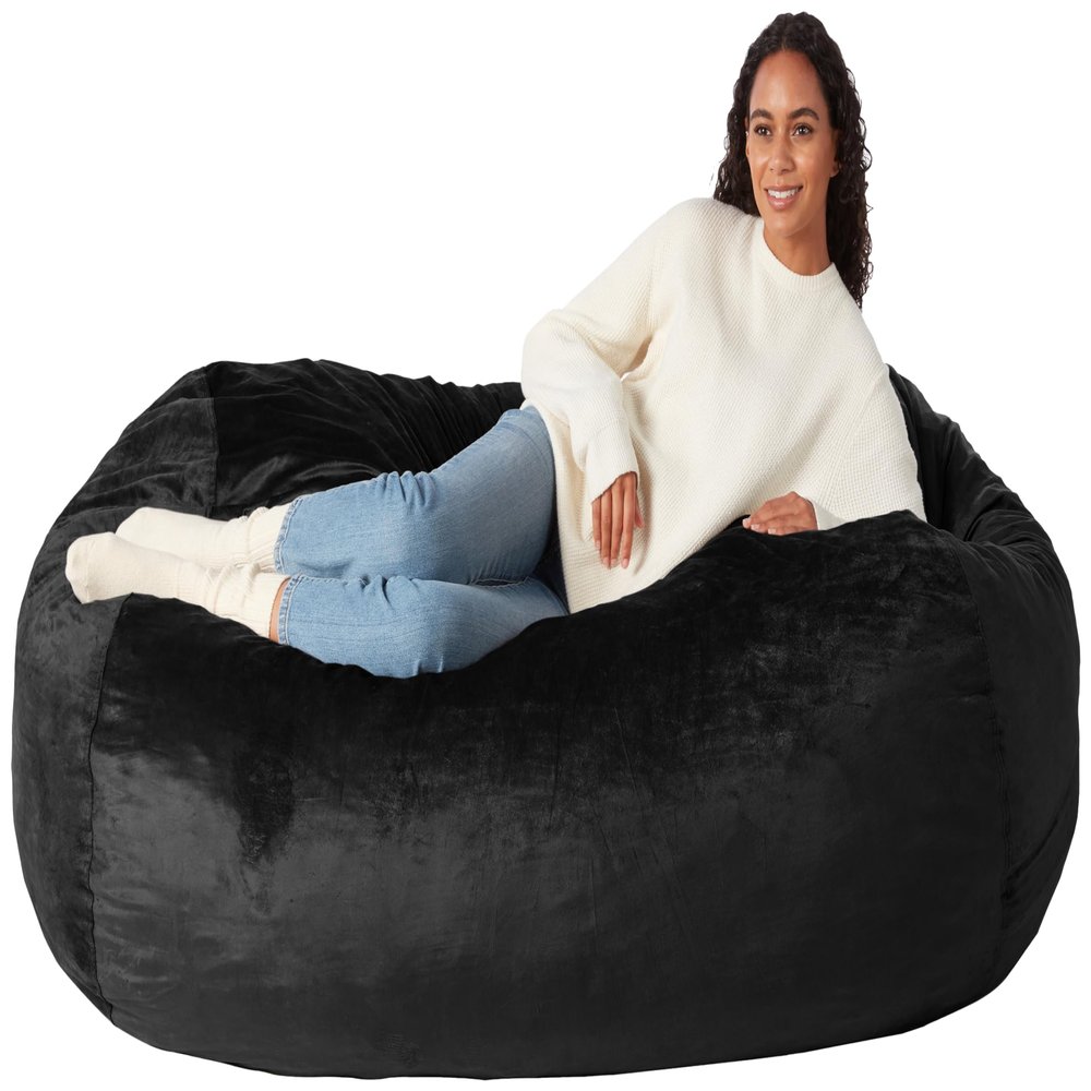 Amazon Basics Large Bean Bag Chairs for Adults, 6 ft Black Memory Foam Filled with Solid Microfiber Cover