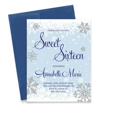 Modern Pink Paper Winter Snow Sweet 16 Invitations with Envelopes, Personalized Sweet 16 Invites,16th Birthday Invitations for Girls, Blue and Silver, Your choice of Quantity, Info and Envelope Color