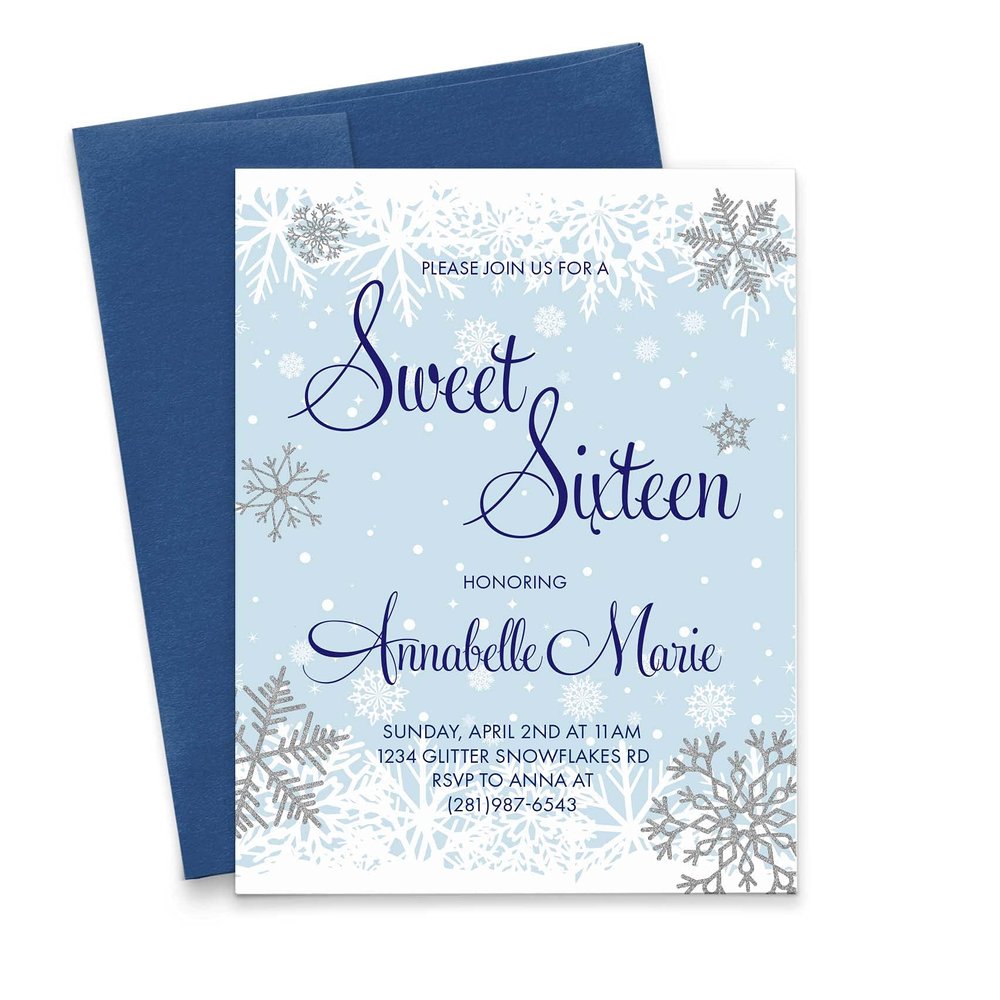 Modern Pink Paper Winter Snow Sweet 16 Invitations with Envelopes, Personalized Sweet 16 Invites,16th Birthday Invitations for Girls, Blue and Silver, Your choice of Quantity, Info and Envelope Color