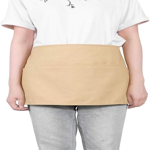 GNEGNI Server Apron with 3 Pockets, Waist Apron for Waitress and Waiter, Poly-Cotton Canvas, 23.5" x 12", Long Ties, for Restaurant, Bar, Bistro, Cafe, Home Kitchen