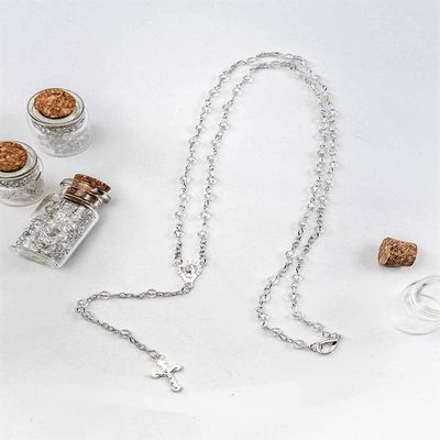12pcs Rosary in Glass Jar Bottle Beads Rosary Silver Catholic Crucifix Necklace Virgin Mary for Baptism Baby Shower (Silver)