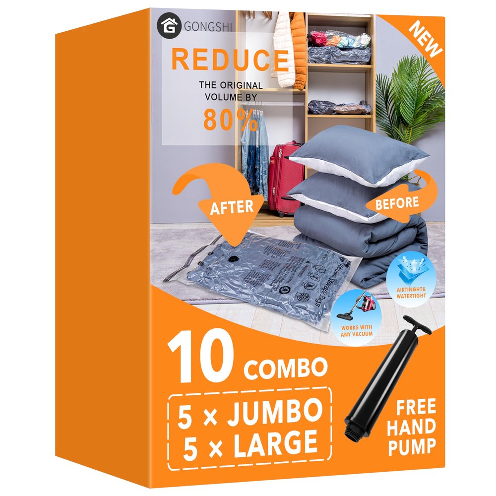 GONGSHI Vacuum Storage Bags for Clothing, 10-Piece, Jumbo & Large