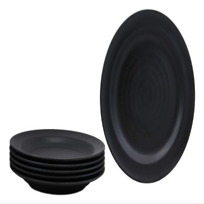 Ebros Contemporary Tao Swirl Design Round 11.75" Diameter Matte Black Jade Melamine Extra Large Dinner Plates Pack Of 6 Set For Home Kitchen Modern Dining Serveware Restaurant Supply