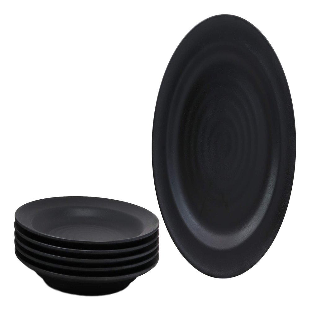 Ebros Contemporary Tao Swirl Design Round 11.75" Diameter Matte Black Jade Melamine Extra Large Dinner Plates Pack Of 6 Set For Home Kitchen Modern Dining Serveware Restaurant Supply