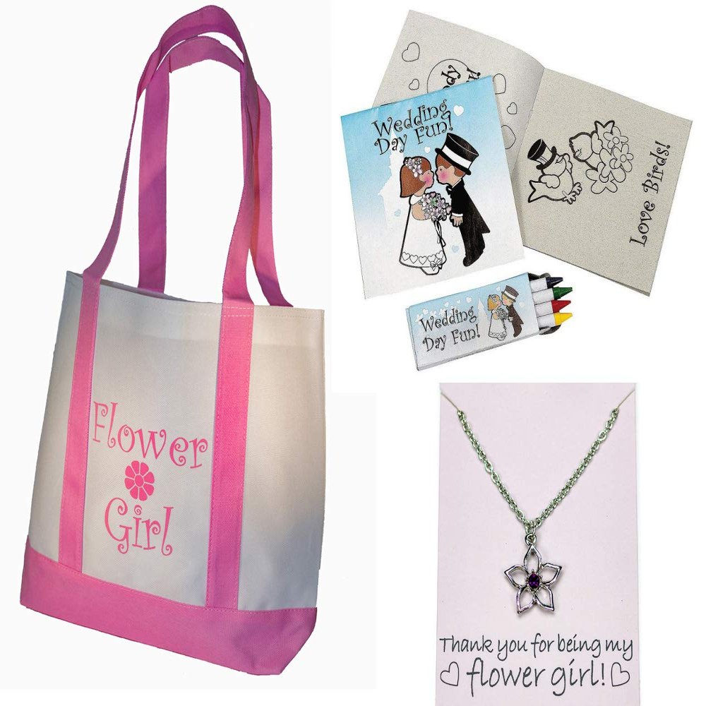 Best Flower Girl Gifts Set: Tote Bag, Metal Flower Girl Necklace, Wedding Day Kids Activity Kits