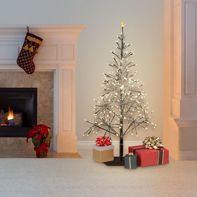 Alpine Corporation 53" Tall Artificial Christmas Tree with 380 Warm White LED Lights, Indoor/Outdoor Holiday Decoration with Flashing Lights for Porch or Lawn, Silver