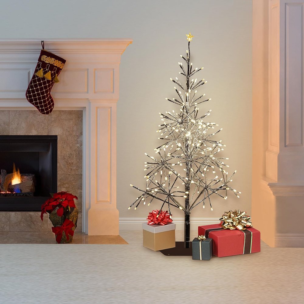 Alpine Corporation 53" Tall Artificial Christmas Tree with 380 Warm White LED Lights, Indoor/Outdoor Holiday Decoration with Flashing Lights for Porch or Lawn, Silver