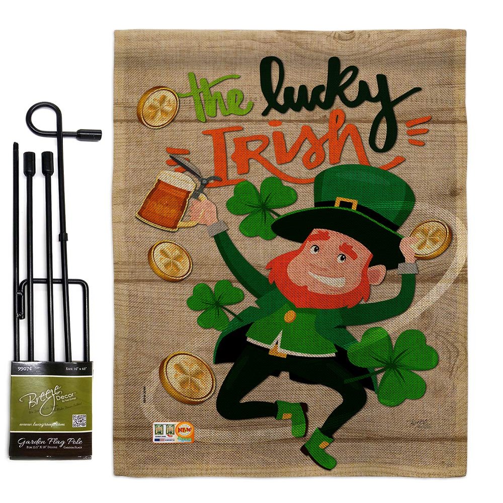 The Lucky Irish Burlap Garden Flag Set with Stand Springtime St Patrick Shamrock Leprechaun Coin Holiday March Clover Small Decorative Gift Yard House Banner Double-Sided Made In USA 13 X 18.5