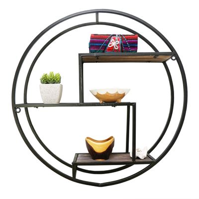 Admired By Nature, 23" Mounted Iron Circle Hanging Storage Shelving Floating Shelf 3 Tier Floating Circular Wall Decor Round Decorative Hanging Shelves, Sphere Shape Wall Shelf For Home, Black, 1 unit