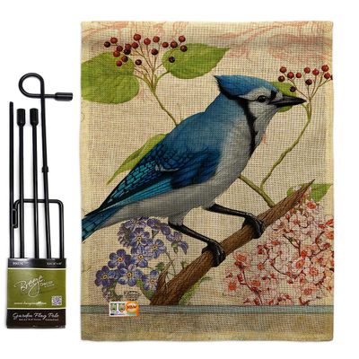 Blue Jay Floral Garden Flag Set with Stand Friends Flamingo Hummingbird Cardinal Peacock Springtime Natural Wildlife Small Decorative Gift Yard House Banner Double-Sided Made In USA 13 X 18.5