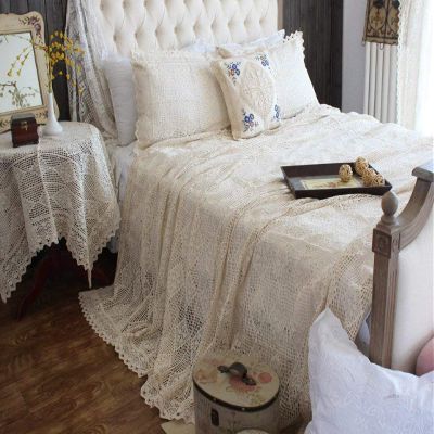 ABREEZE Vintage Cotton Bedding Set Hand Crochet Bedspread Hook Floral Beige Lace Bed Spread with Pillowcases 3Pcs,Queen