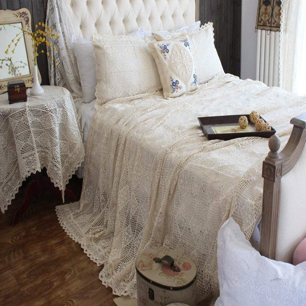 ABREEZE Vintage Cotton Bedding Set Hand Crochet Bedspread Hook Floral Beige Lace Bed Spread with Pillowcases 3Pcs,Queen