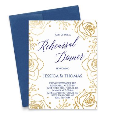 Modern Floral Rehearsal Dinner Invitation Personalized, Printed Gold Foil Roses, Your choice of Quantity and Envelope Color