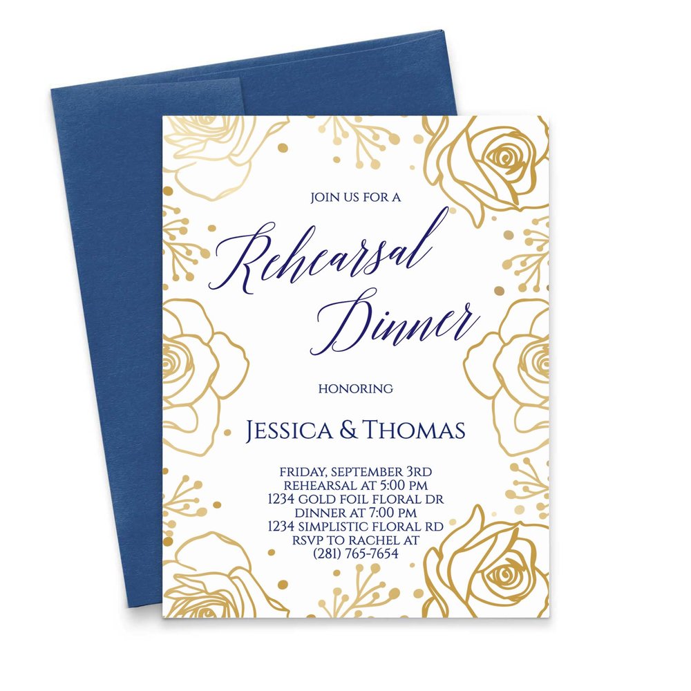 Modern Floral Rehearsal Dinner Invitation Personalized, Printed Gold Foil Roses, Your choice of Quantity and Envelope Color